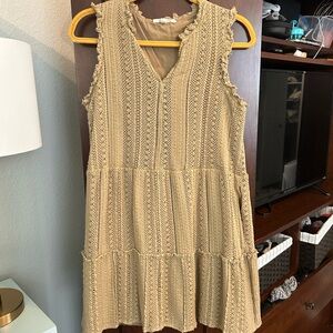 Grade & Gather Sleeveless Crochet Ruffled Tiered Lined Dress in Tan